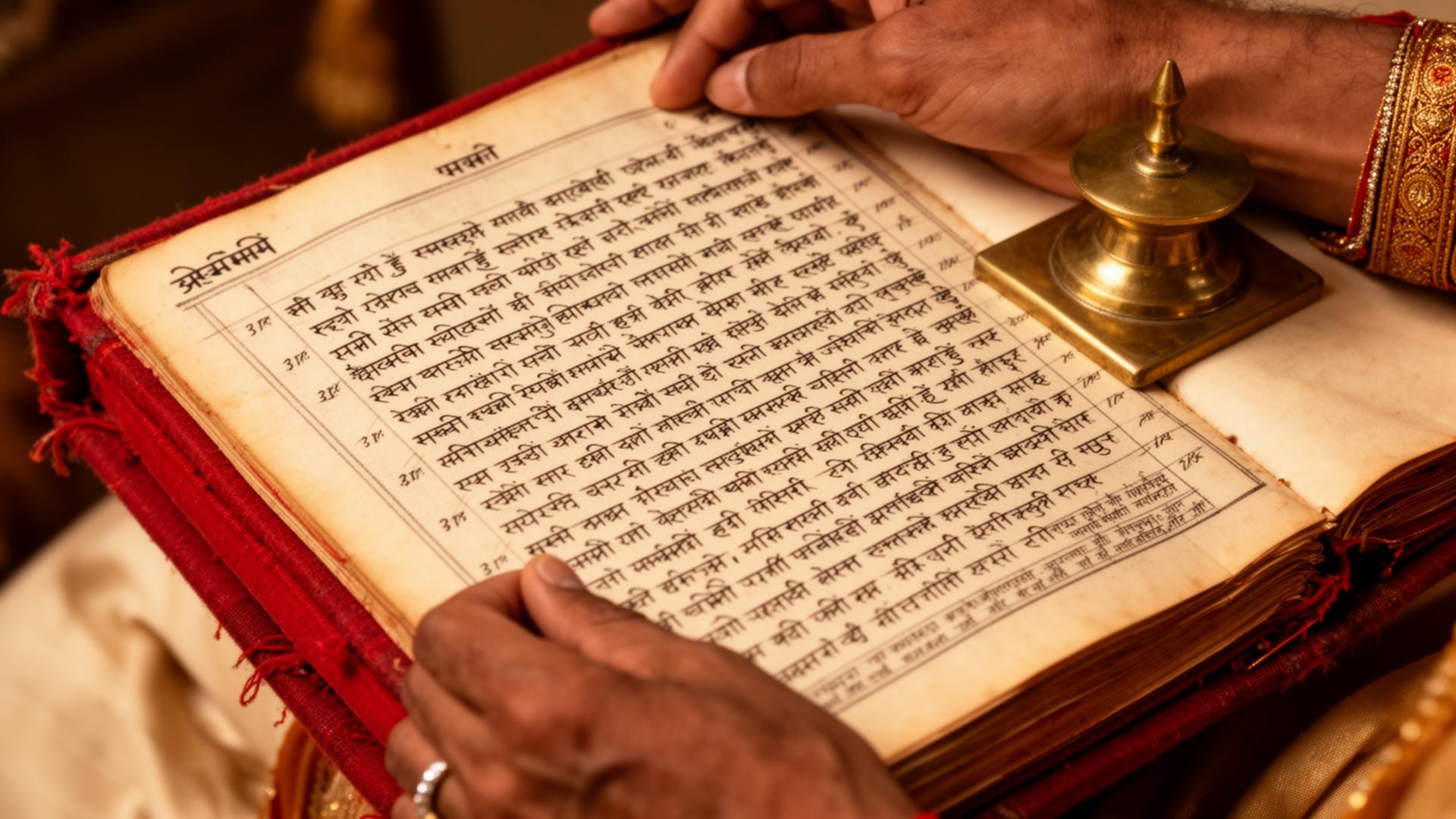 Hands opening a traditional Bahi register
